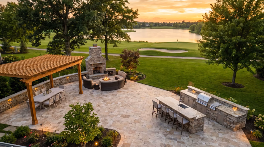 Aerial golden-hour view of a premium outdoor living build with paver patio, stone fireplace, pergola, outdoor kitchen, and fire pit overlooking a golf course and lake