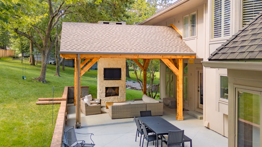 Cox project: pavilion, fireplace, and tiered retaining wall