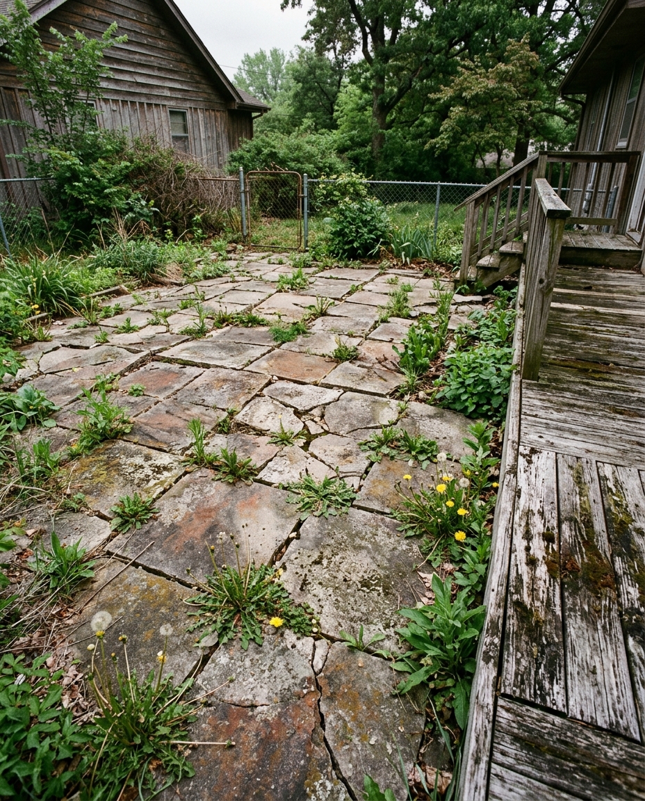 A failed patio with sunken pavers and weeds