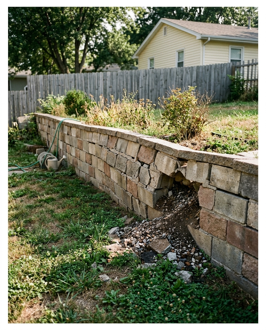 A leaning, poorly-built retaining wall