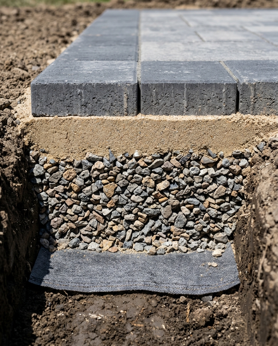 A properly-built hardscape base in cross-section
