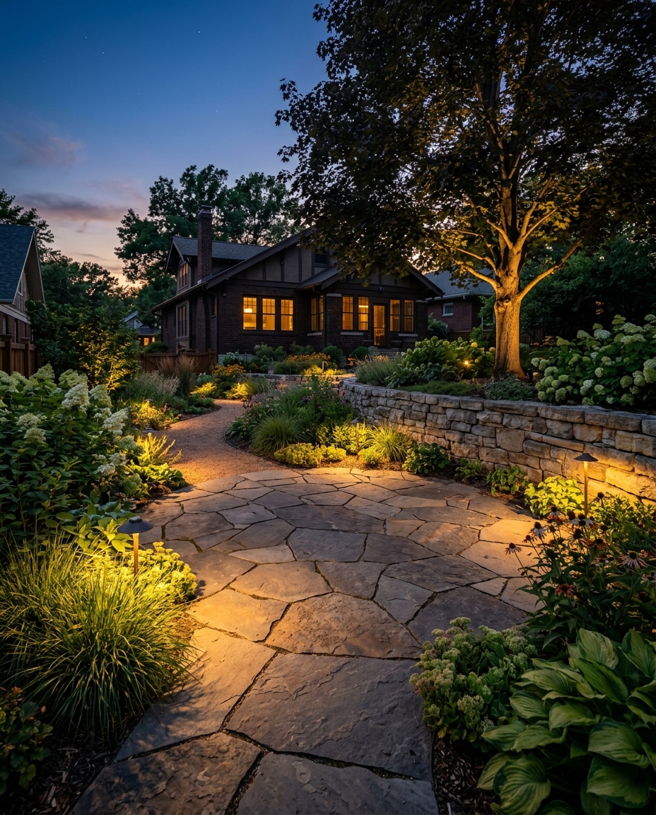 A backyard at twilight with landscape lighting