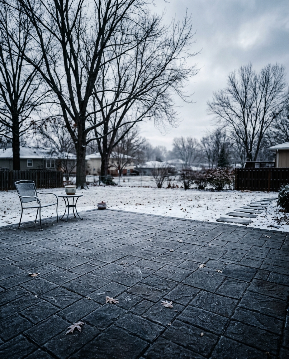 Frost on a paver patio in a Kansas City winter
