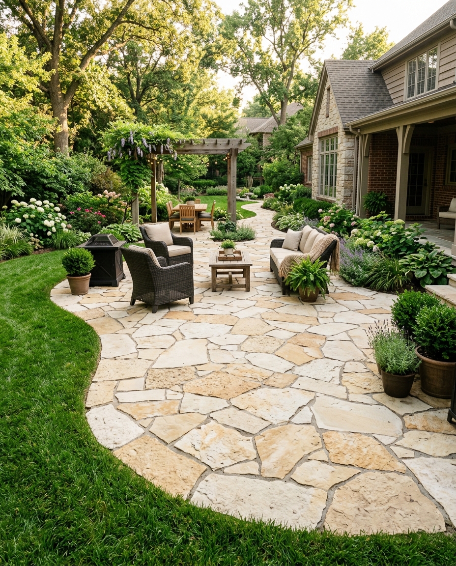A natural limestone flagstone patio