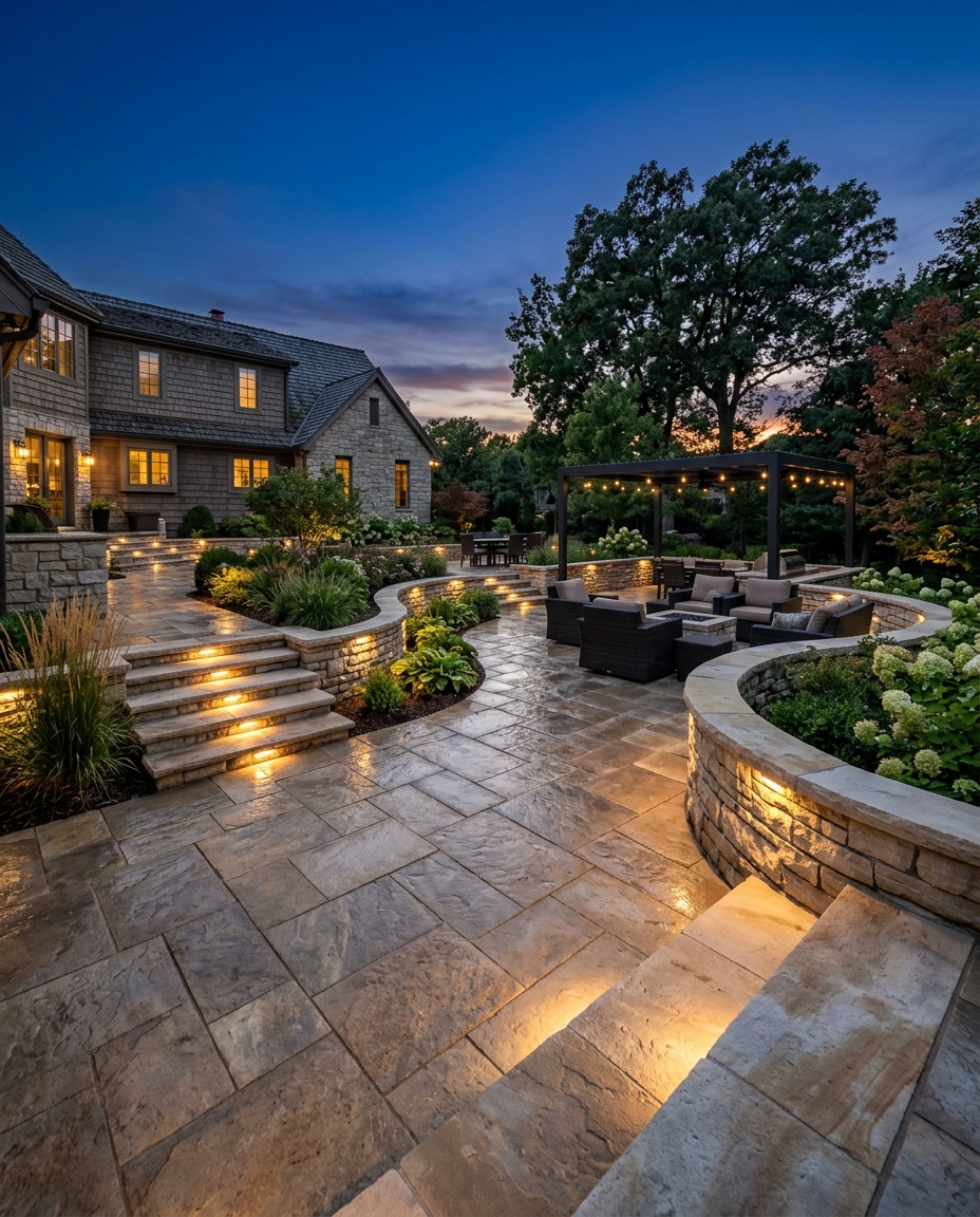 Layered landscape lighting on a finished patio